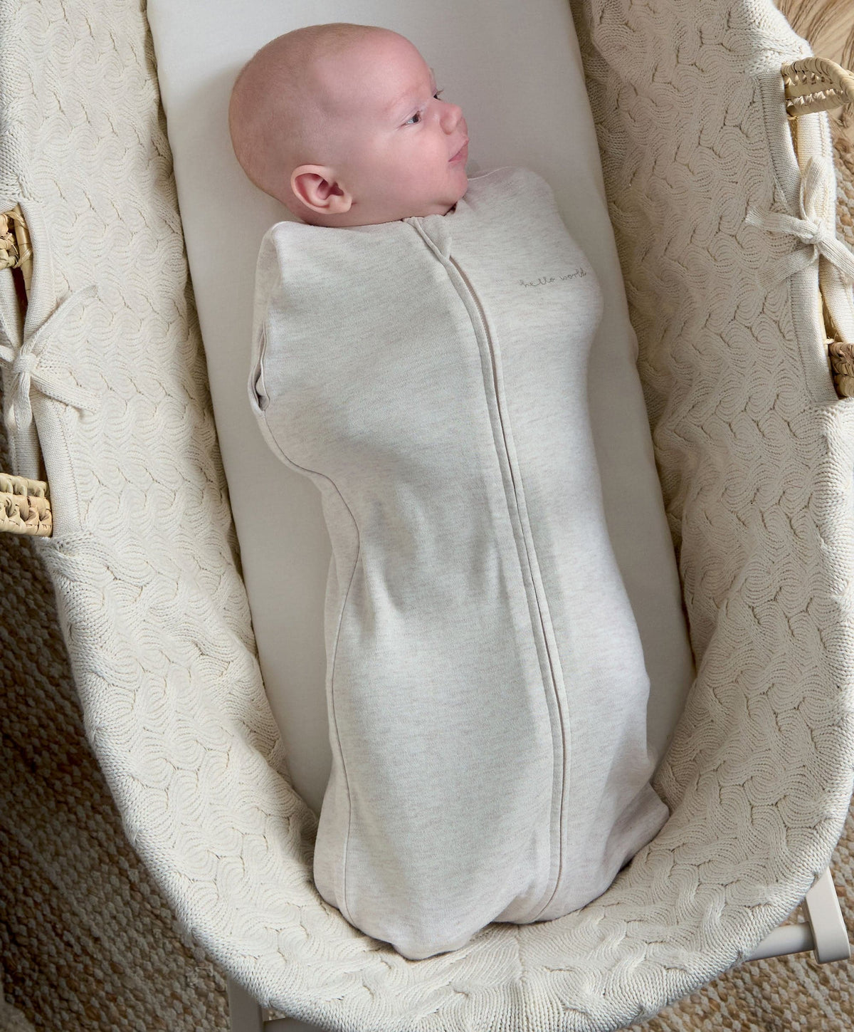 Oatmeal swaddle sleep sack with full-length zip and long sleeves