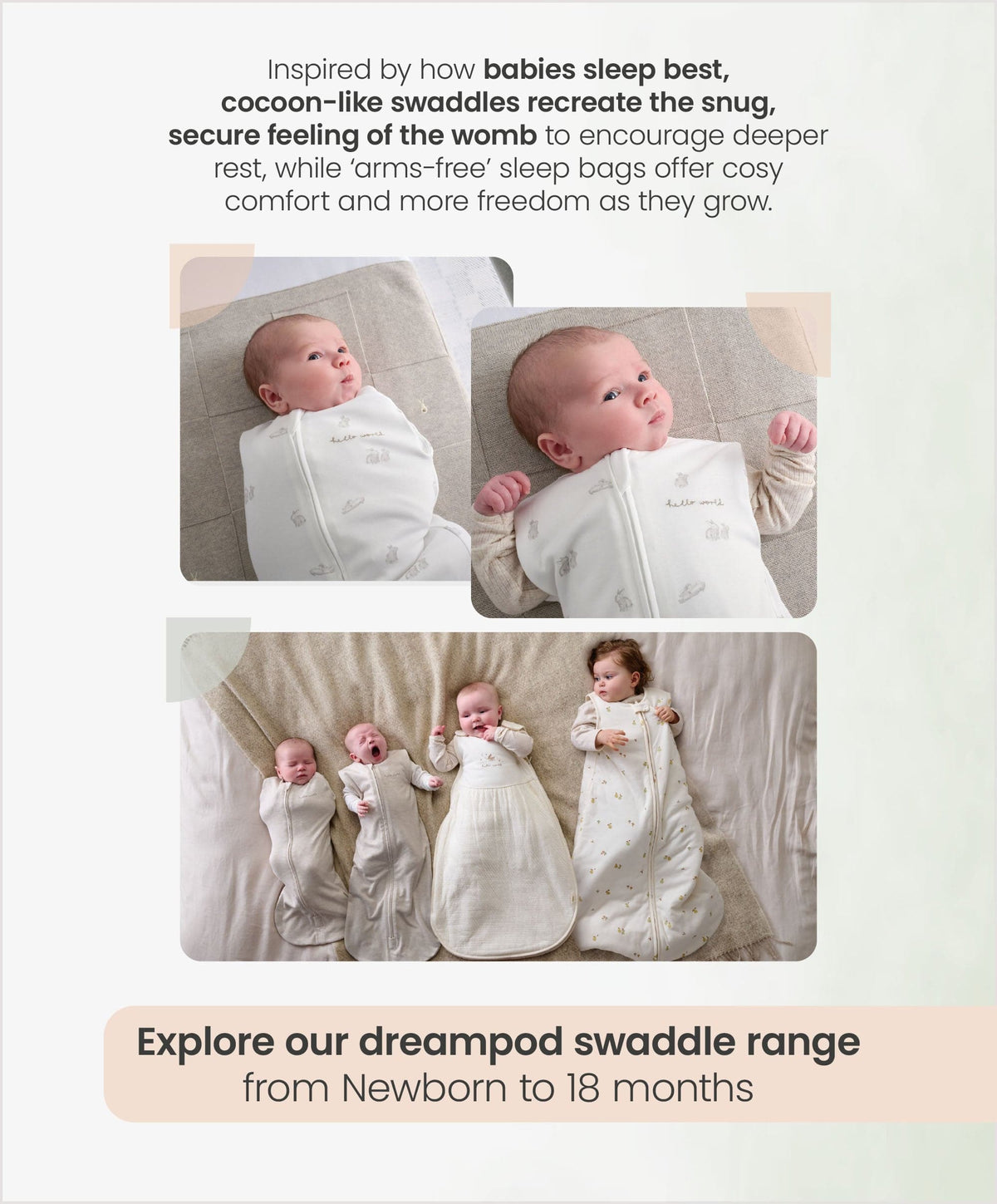 Swaddle range infographic with babies in neutral swaddle sleeping bags