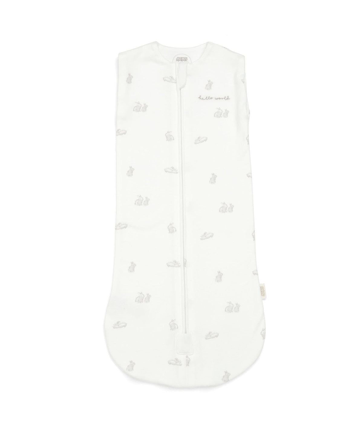 White bunny-print swaddle bag with front zip and closed bottom
