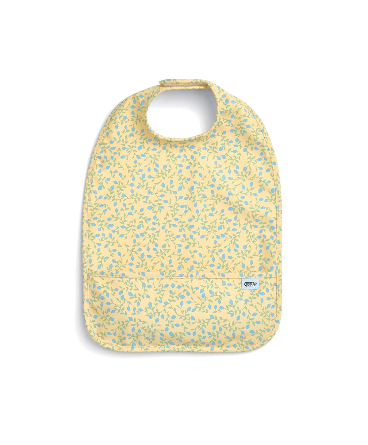 Baby scoop bib with yellow micro-floral leaf pattern, snap closure