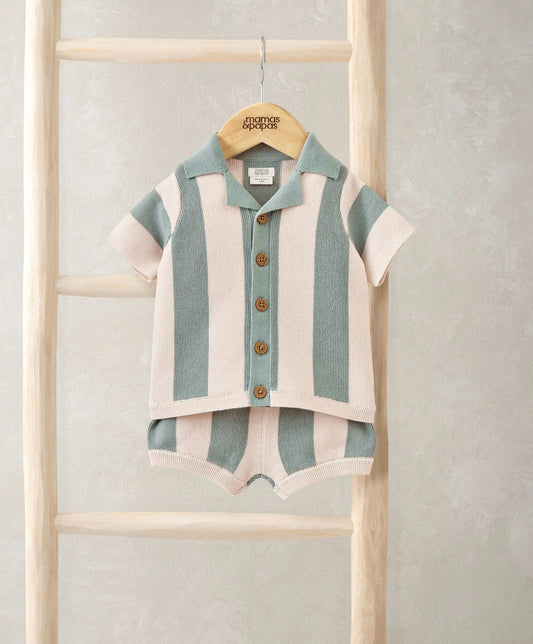 Striped knit resort set with polo shirt and shorts in cream and teal