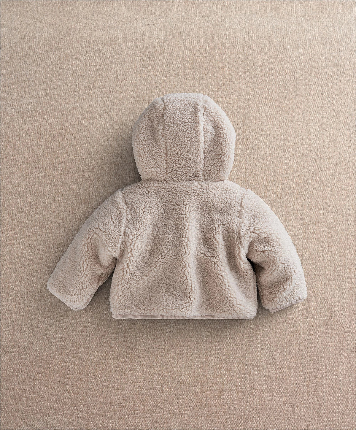 Cream hooded borg jacket, full back view with teddy-pile texture.