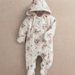 Ditsy print pramsuit with hood, off-white fabric and small pink floral pattern