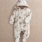 Ditsy print pramsuit with long sleeves, hood and pink floral pattern on off-white