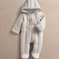 Jersey pramsuit with hood, front zip, long sleeves and footed legs, light gray