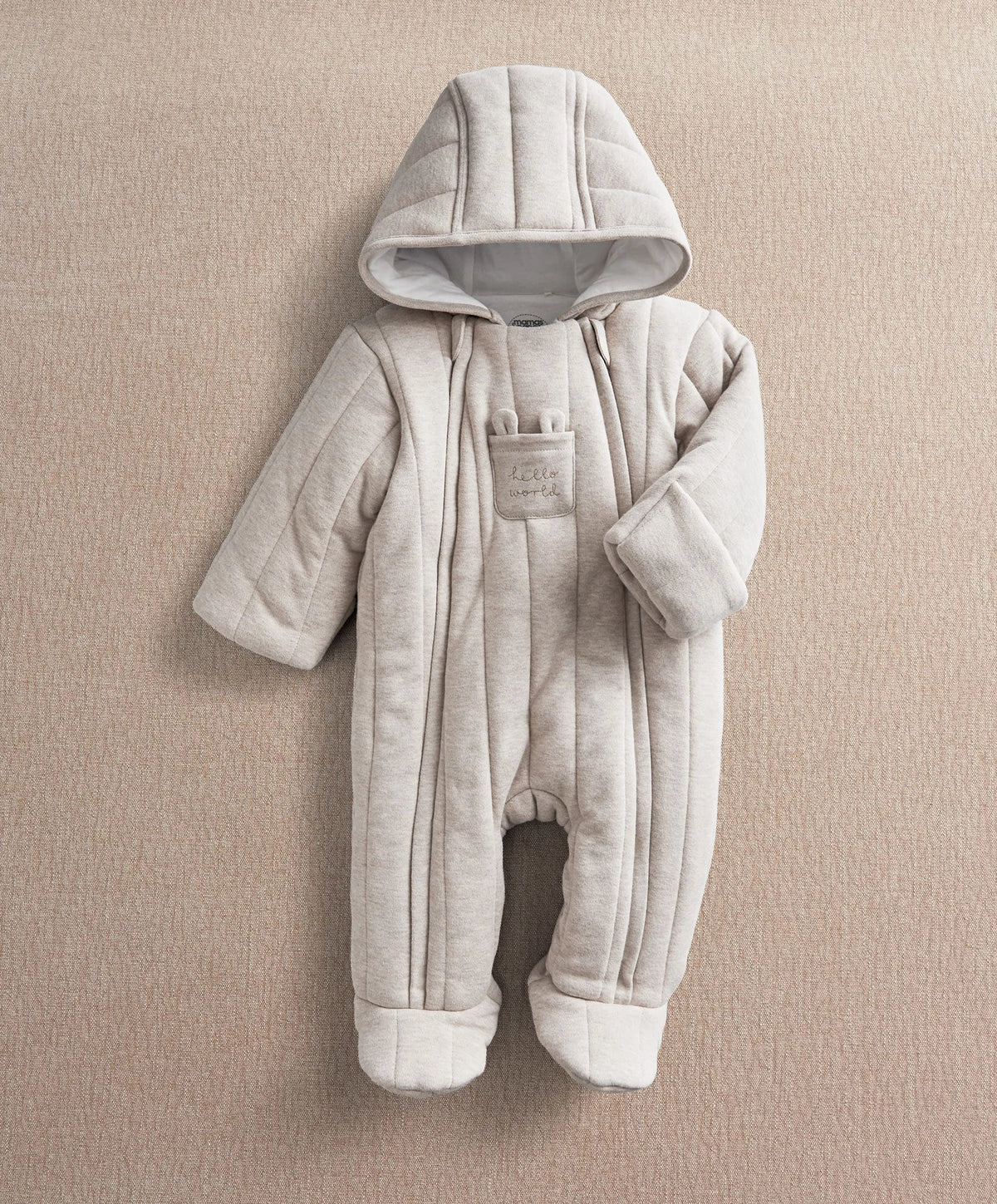 Jersey pramsuit with hood, front zip, long sleeves and footed legs, light gray