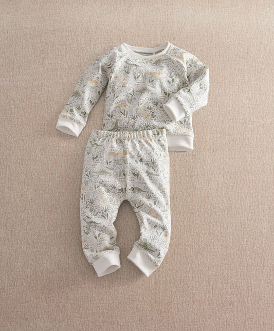 Dinosaur print jersey pyjamas set with long-sleeve top and matching pants, white cuffs