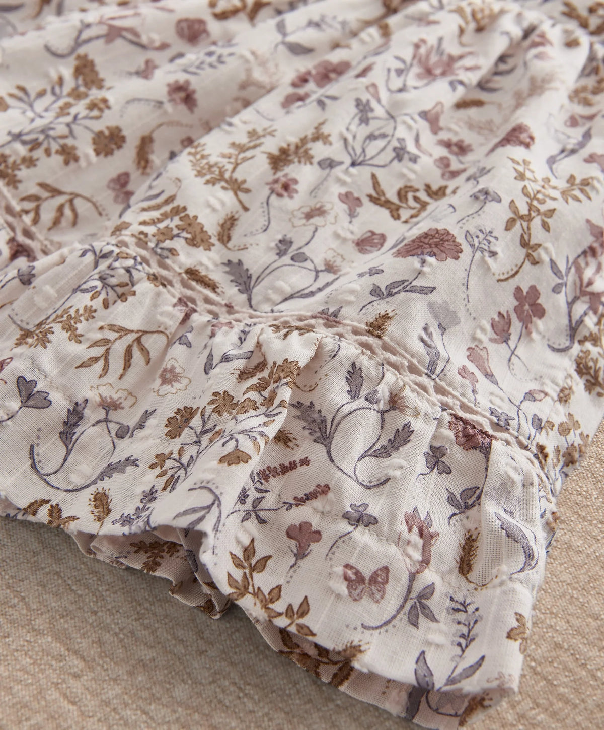 Floral dress fabric detail with gathered ruffles and small botanical print