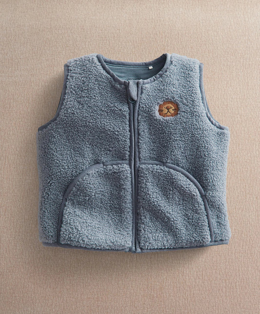 Blue fleece sleeveless gilet with zip front and lion badge