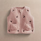 Pink fleece gilet with zipper front and two patch pockets; scattered embroidered motifs