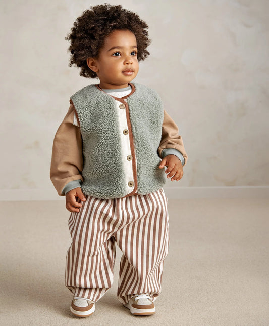 Kids borg gilet vest in light green-gray with brown trim and button front