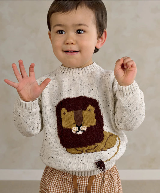Children's lion knit jumper, speckled cream with brown and yellow lion graphic