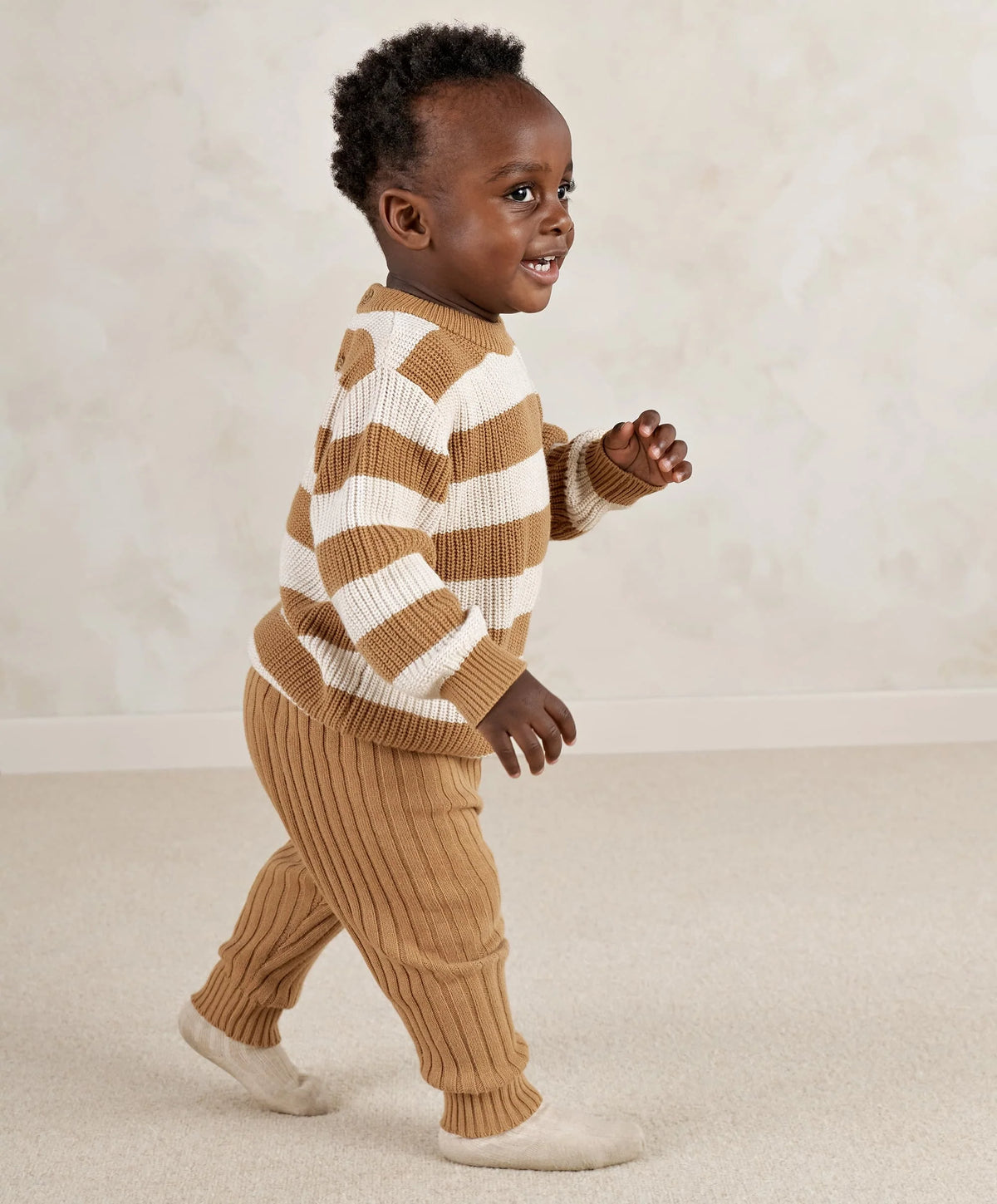Kids striped knitted jumper and leggings set, tan and white, long sleeves and cuffs
