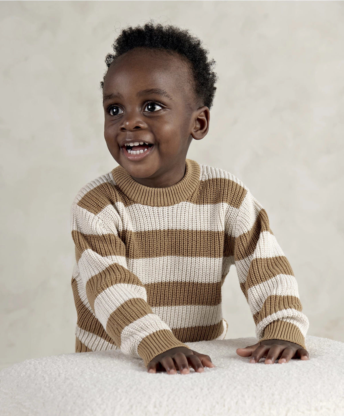 Kids striped knitted jumper and leggings set, tan and white stripes, crew neck top