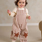 Striped dungaree set, brown-and-cream vertical stripes, star knee patches, front pocket