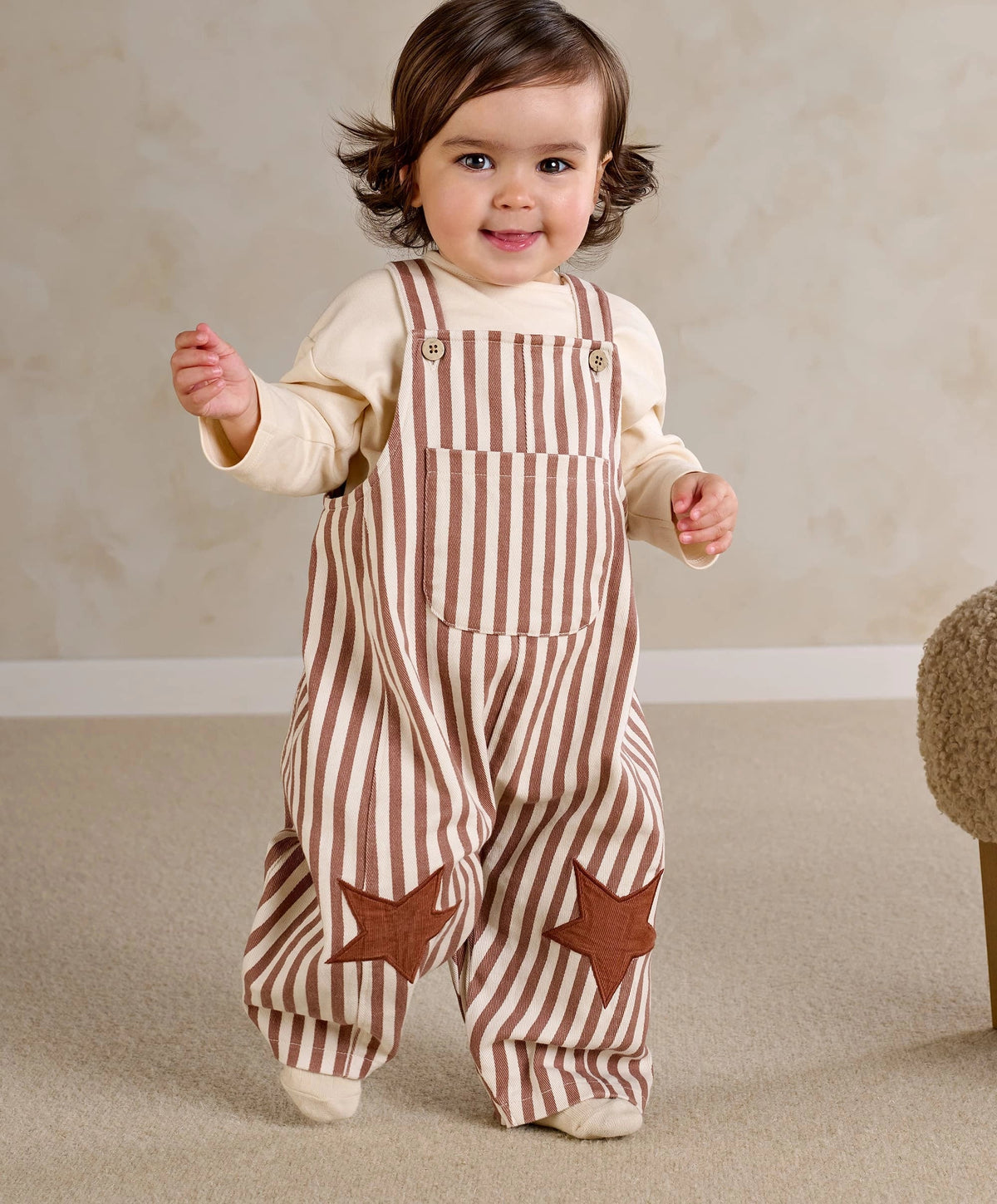 Striped dungaree set, brown-and-cream vertical stripes, star knee patches, front pocket
