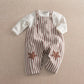 Striped dungaree set front view, brown-and-cream stripes, star knee appliques, button straps