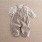 Striped dungaree set flat lay, long sleeves, brown-and-cream vertical stripe overall legs