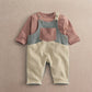 Color-block dungaree outfit set: gray overalls with central bib pocket, pink sleeves