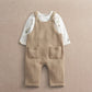 Baby dungaree and bodysuit set: tan ribbed dungarees with front pockets and acorn sleeves