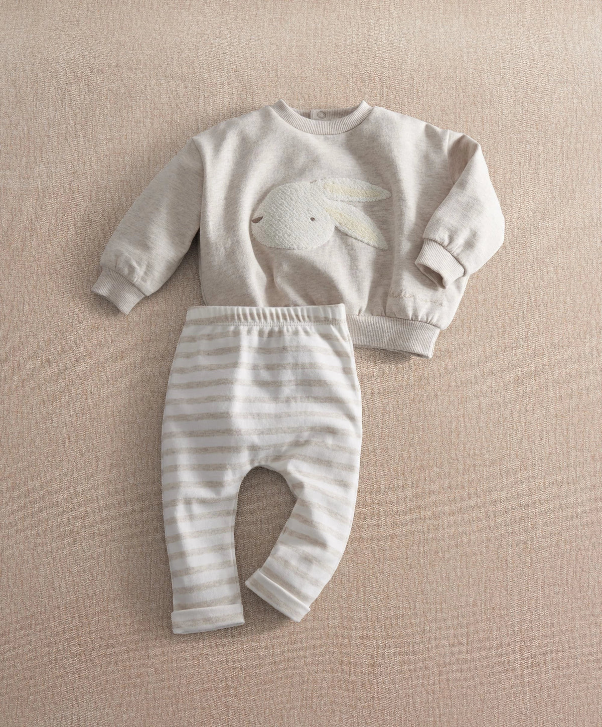 Light gray sweatshirt and striped leggings set with bunny graphic, ribbed cuffs and waistband