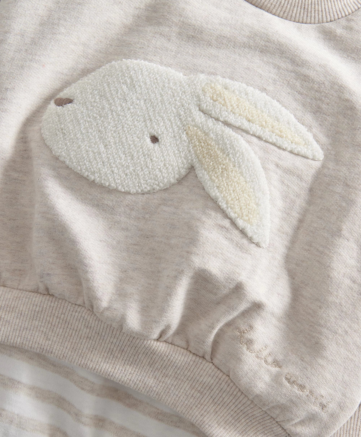 Light gray bunny applique sweatshirt, soft textured rabbit ears and face on front