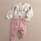 Knit cardigan and leggings set: off-white floral cardigan, pink leggings