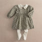 Leaf print dress with tights set, dark green with light foliage, long sleeves