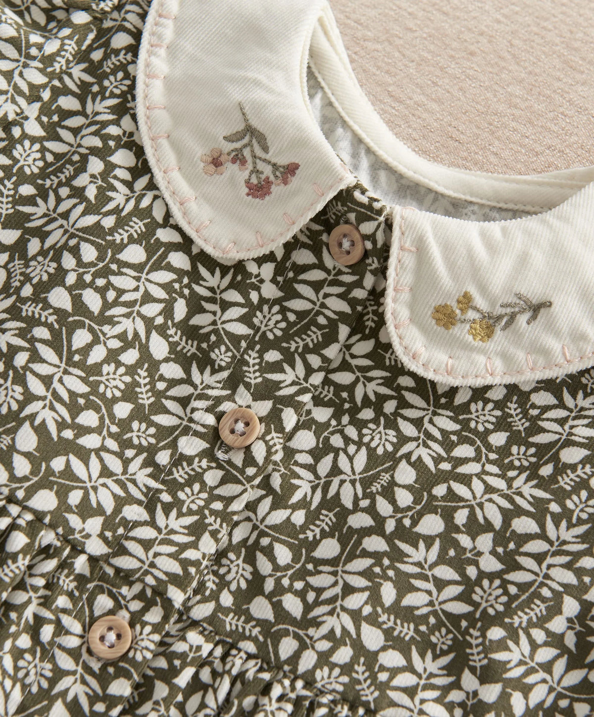 Dark green leaf print dress, rounded Peter Pan collar, button front detail