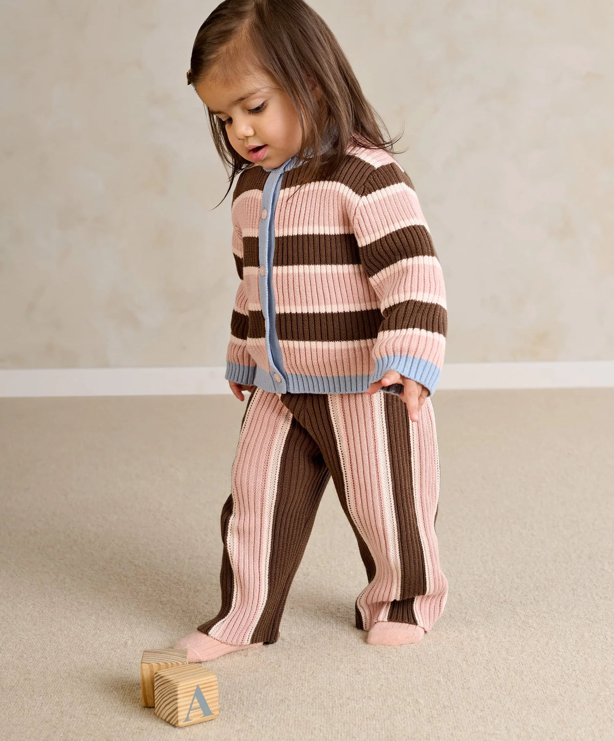 Kids striped cardigan and knitted wide-leg trousers set, pink brown, blue cuffs