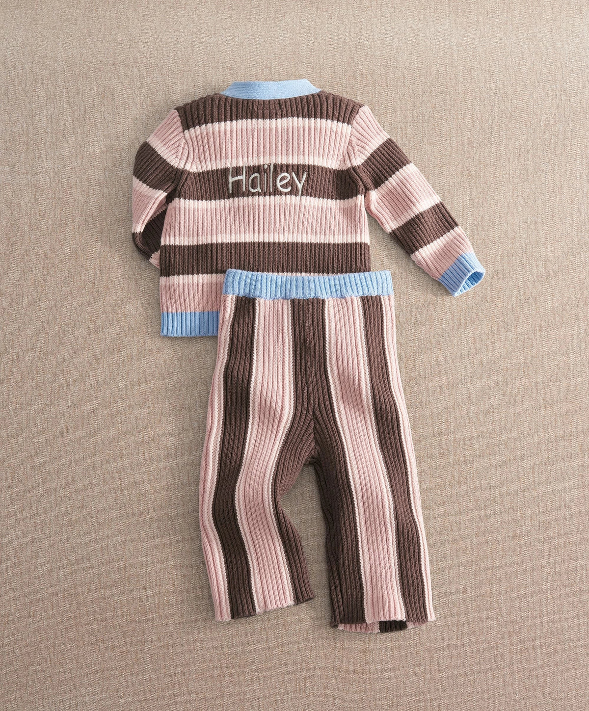 Kids striped cardigan and knitted wide-leg trousers set, button front; Harley label on back
