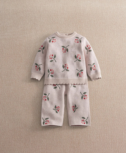 Knitted top and wide trousers set in light pink with berry print
