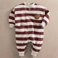 Striped long-sleeve romper with lion applique on chest, burgundy and cream