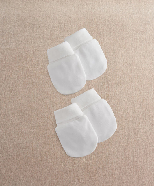 White scratch mittens (two-pack) with folded cuffs, side view