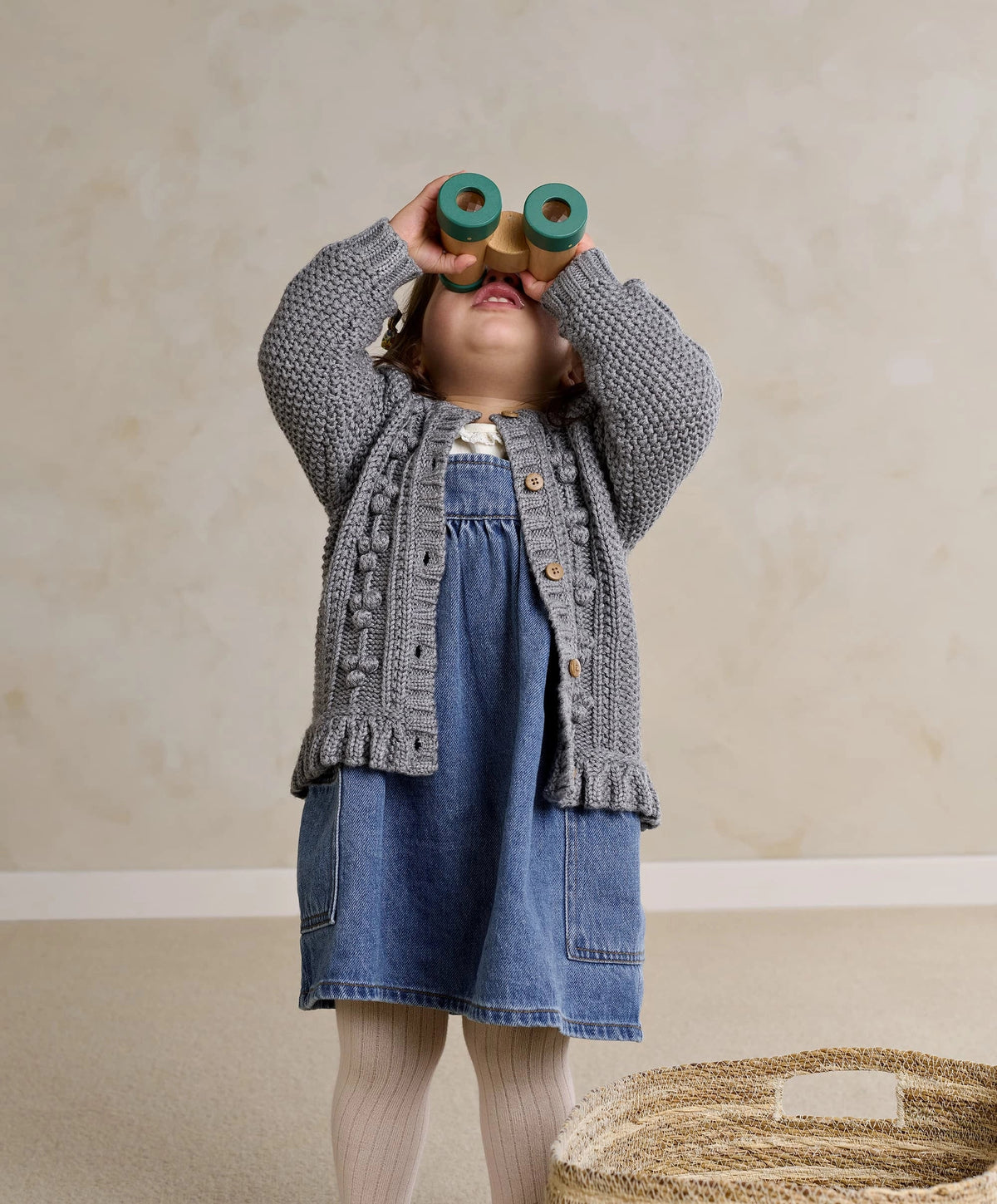 Bobble cardigan, gray cable-knit button-front with ribbed cuffs and hem