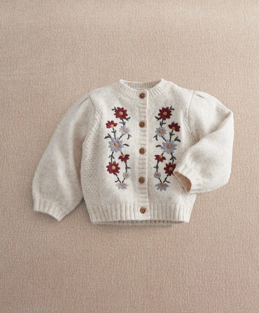 Cream knit cardigan with embroidered flower sprigs and button front