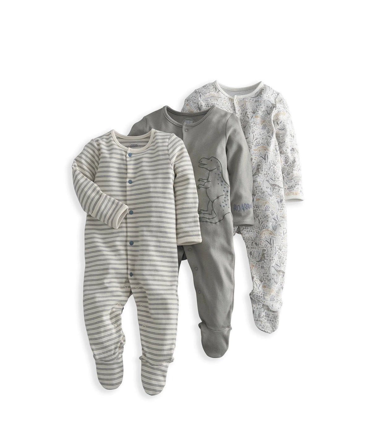 Pack of 3 baby sleepsuits in grey tones: striped, dino, and patterned