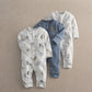 Pack of 3 safari rompers: striped, blue solid, white animal-print long sleeves