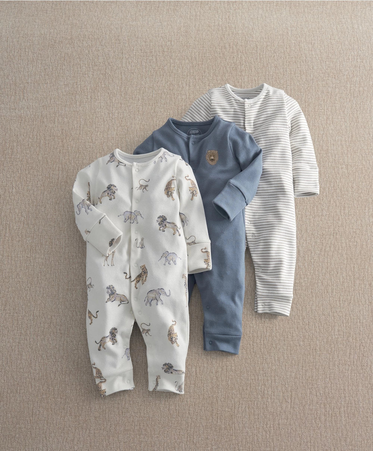 Pack of 3 safari rompers: striped, blue solid, white animal-print long sleeves