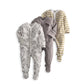 Pack of 3 baby sleepsuits with striped, gray, and white horse designs.