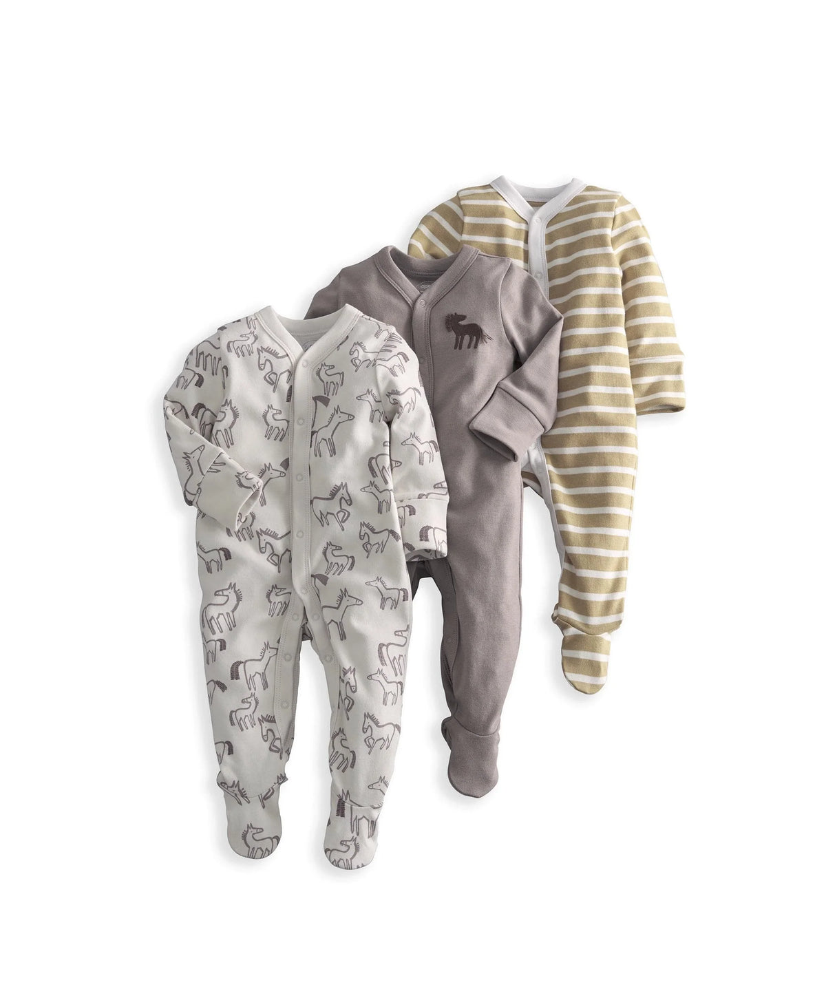 Pack of 3 baby sleepsuits with striped, gray, and white horse designs.