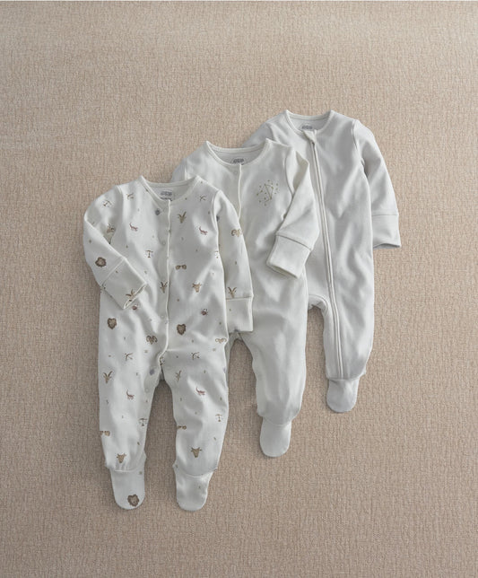 White sleepsuit set: zip-front plain style plus printed all-over sleepers