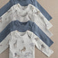 Baby safari bodysuits set: blue and white animal prints, striped, long sleeve snap-front