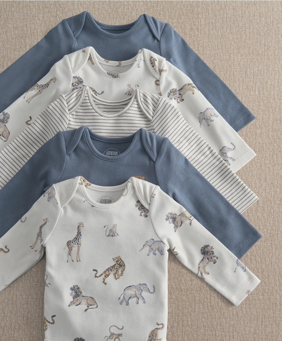Baby safari bodysuits set: blue and white animal prints, striped, long sleeve snap-front