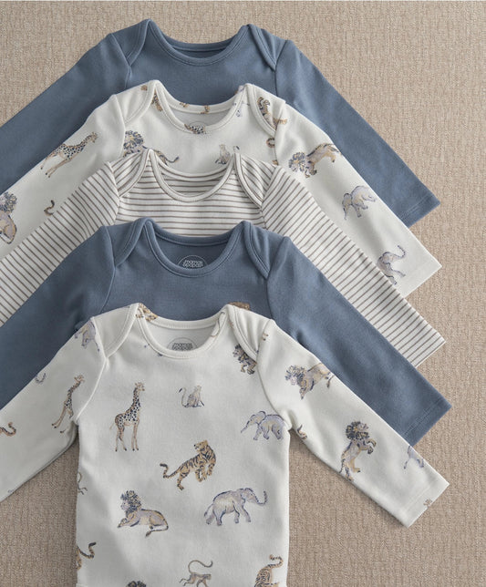 Baby safari bodysuits set: blue and white animal prints, striped, long sleeve snap-front