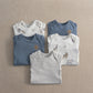 Baby safari bodysuits set: blue solid, white animal-print, and white striped short-sleeve