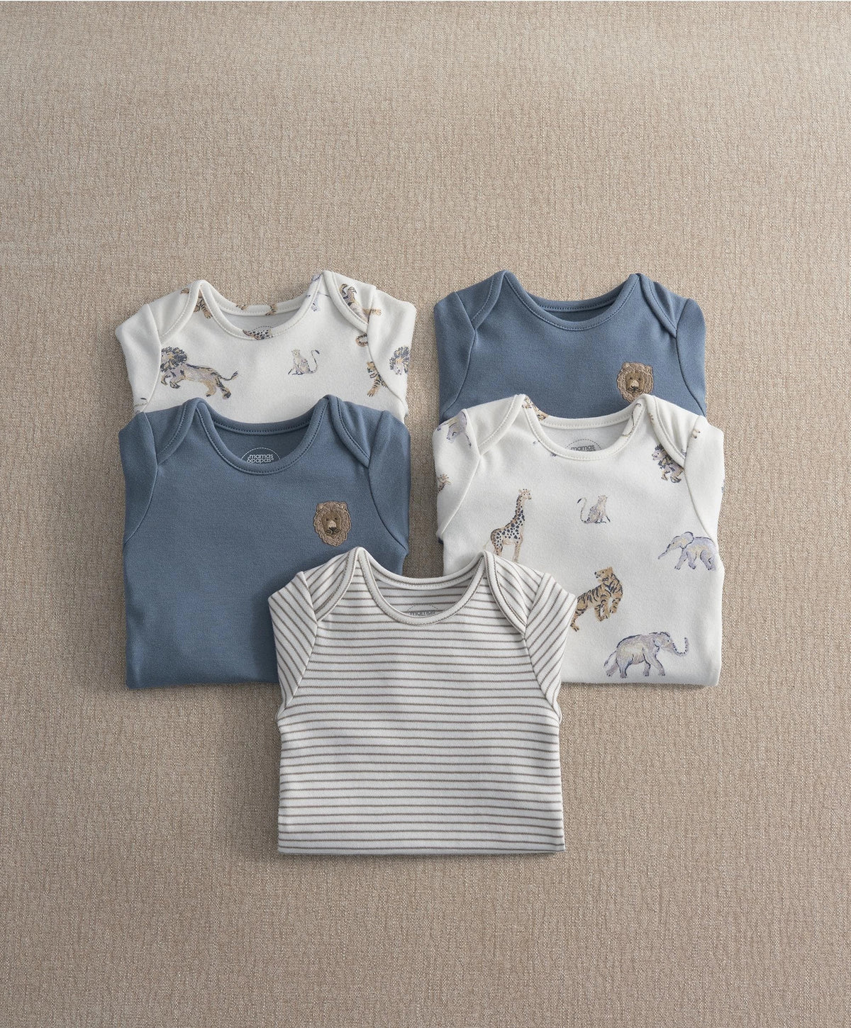 Baby safari bodysuits set: blue solid, white animal-print, and white striped short-sleeve