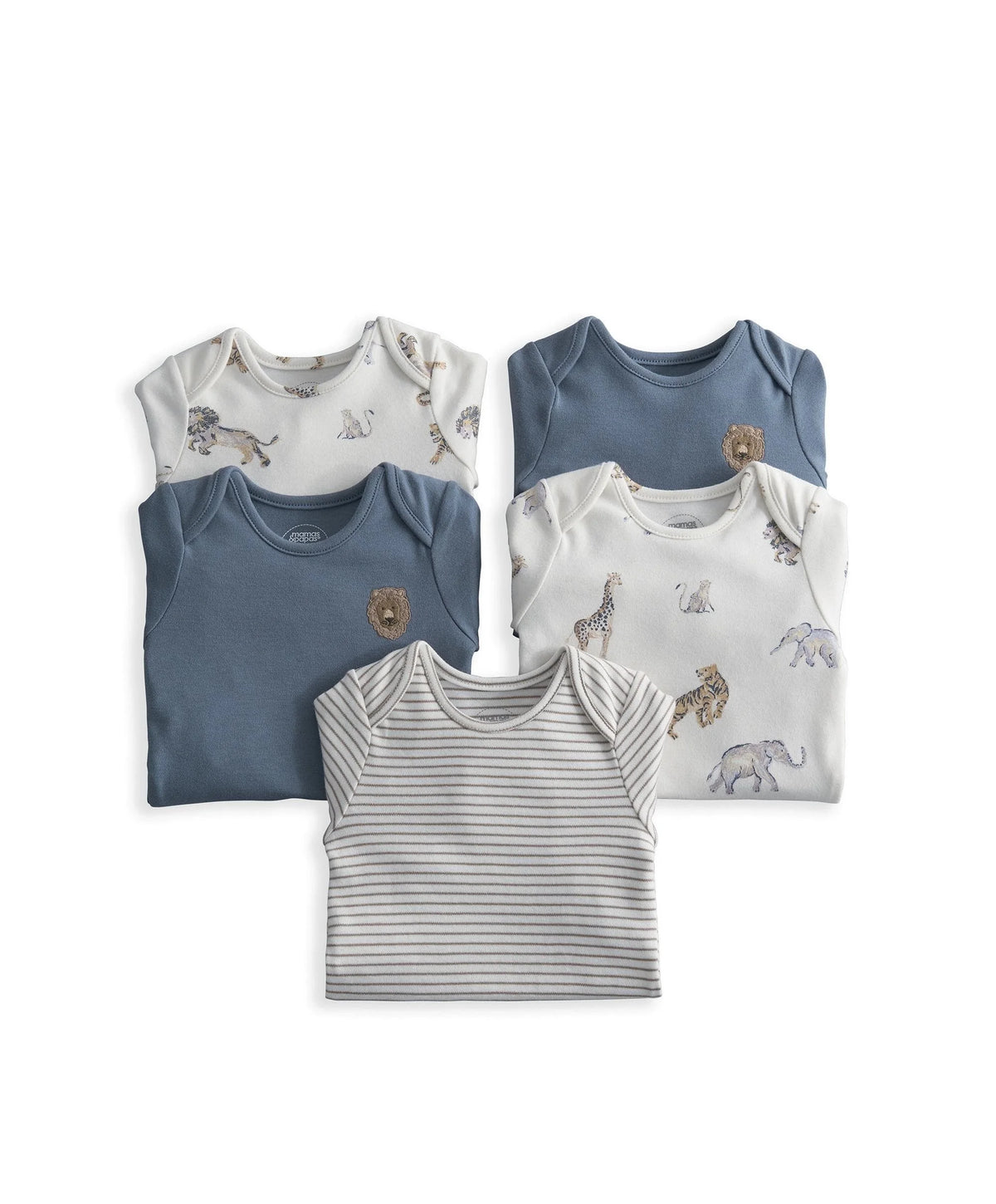 Baby safari bodysuits set: blue and white animal-print plus gray-and-white striped bodysuits