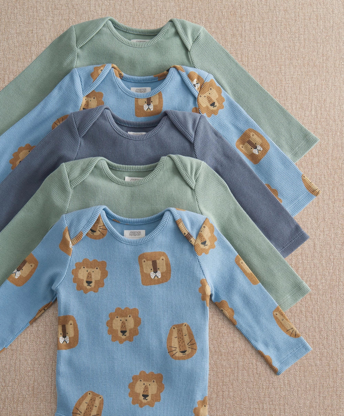 Pack of 5 lion-print baby bodysuits, long-sleeve: mint, light blue, navy