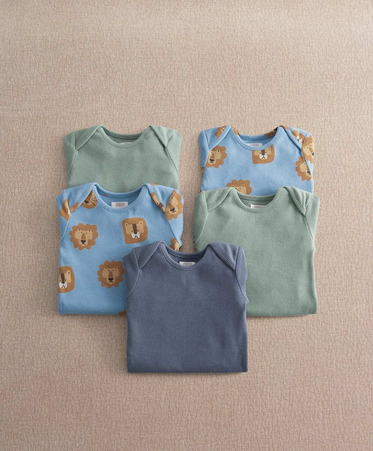 Pack of 5 lion-print baby bodysuits, assorted colors: mint, light blue, navy